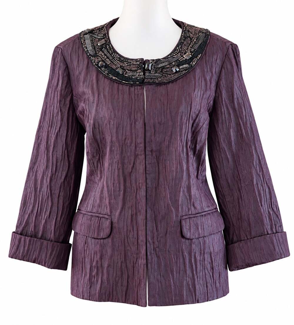 Chico’s Plum Purple Beaded Crinkle Evening Jacket Size 1 Medium